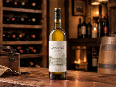 Botella de vino Godeval sobre una mesa de madera rústica en el interior de la bodega de un restaurante con estantes de vino al fondo.