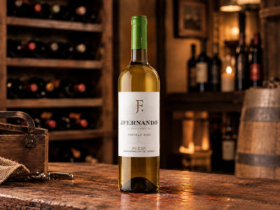 Botella de vino J. Fernando Verdejo sobre una mesa de madera rústica en el interior de la bodega de un restaurante con estantes de vino al fondo.