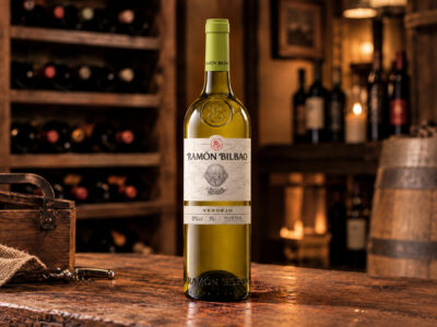 Botella de vino Ramón Bilbao Verdejo sobre una mesa de madera rústica en el interior de la bodega de un restaurante con estantes de vino al fondo.