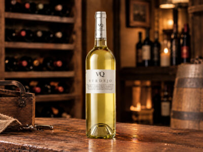 Botella de vino blanco VQ sobre una mesa de madera rústica en el interior de la bodega de un restaurante con estantes de vino al fondo.