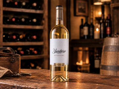 Botella de vino Yuntero Blanco sobre una mesa de madera rústica en el interior de la bodega de un restaurante con estantes de vino al fondo.